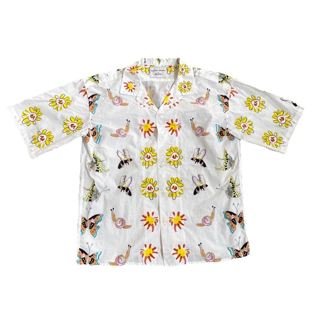 Tsumori Chisato Men M Camp Shirt Floral Butterfly Snail Print Short Sleeve White